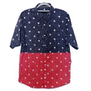 OCEAN CURRENT RED BLUE STARS COTTON BUTTON DOWN SHORT‎ SLEEVE SHIRT MENS XL